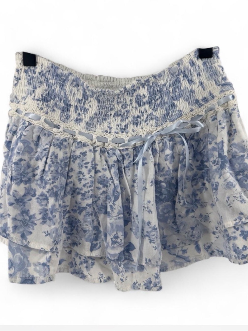 Smocked Floral Tiered Mini Skirt in Blue and White - Picture 1 of 5